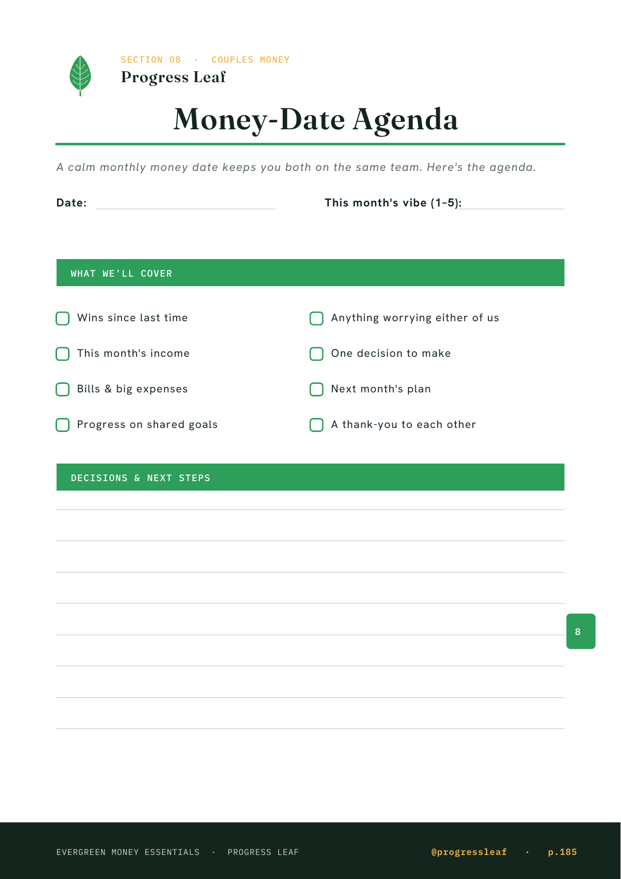 Money-Date Agenda page