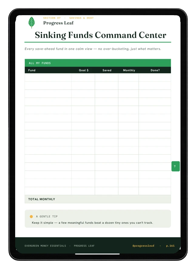 Sinking Funds Command Center printable shown on a tablet
